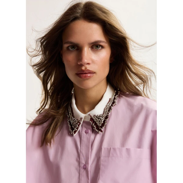 Essentiel Antwerp Lilac Sleeveless Cotton Shirt With Embellished Collar, view 2