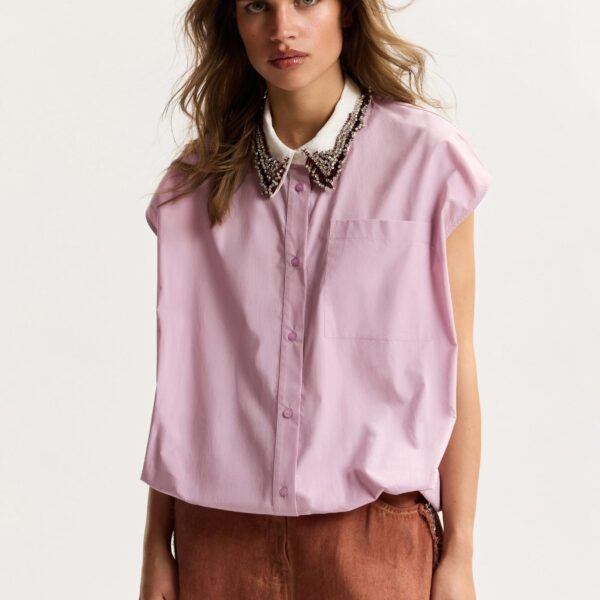 Essentiel Antwerp Lilac Sleeveless Cotton Shirt With Embellished Collar - Essentiel Antwerp Tops - Colorful Belgian Design - Shop at Coveti