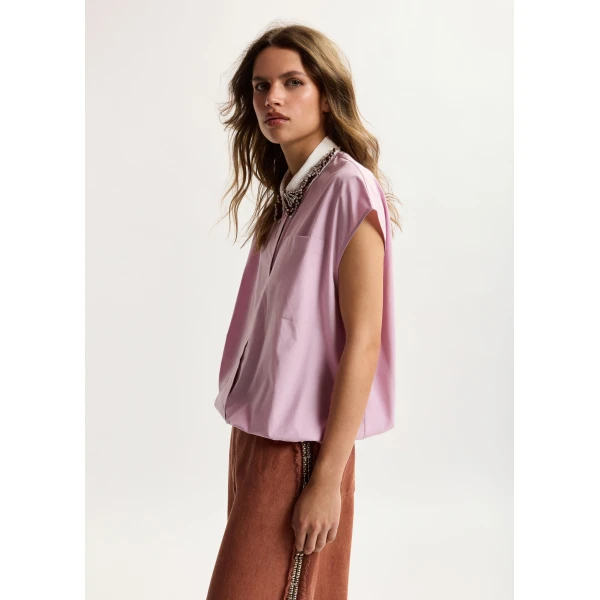 Essentiel Antwerp Lilac Sleeveless Cotton Shirt With Embellished Collar, view 4