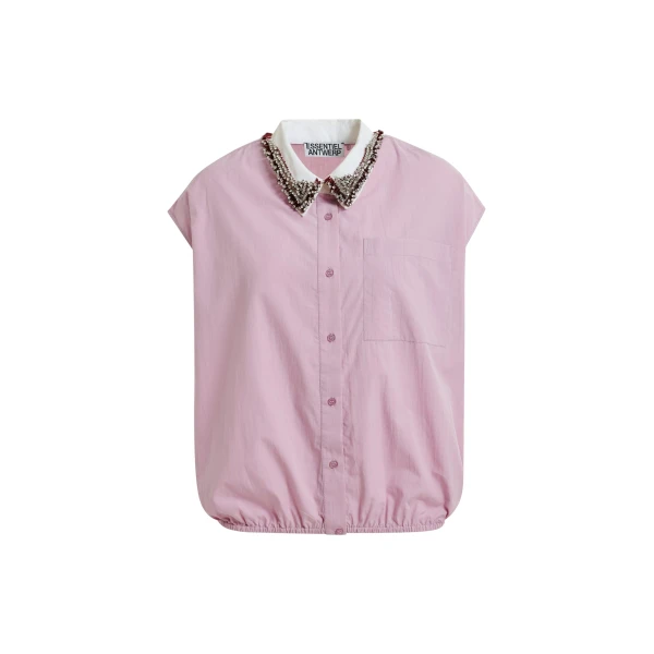 Essentiel Antwerp Lilac Sleeveless Cotton Shirt With Embellished Collar - Essentiel Antwerp Tops - Colorful Belgian Design - Shop at Coveti