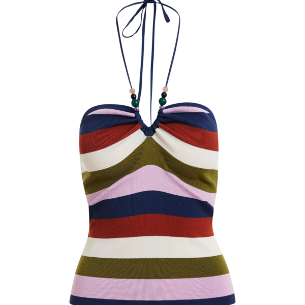 Essentiel Antwerp Navy And Multicolor Striped Halterneck Knit Top - Essentiel Antwerp Tops - Colorful Belgian Design - Shop at Coveti