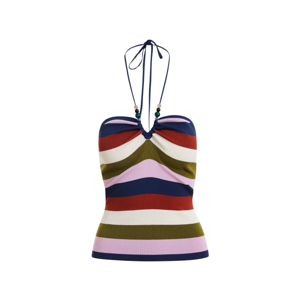 Essentiel Antwerp Navy And Multicolor Striped Halterneck Knit Top - Essentiel Antwerp Tops - Colorful Belgian Design - Shop at Coveti