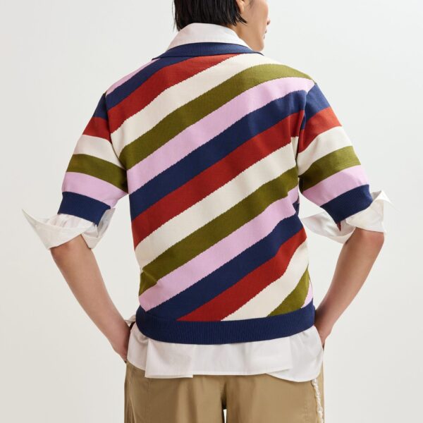 Essentiel Antwerp Navy And Multicolor Striped Knit Polo With Constrasting Buttons - Essentiel Antwerp Tops - Colorful Belgian Design - Shop at Coveti