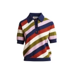 Essentiel Antwerp Navy And Multicolor Striped Knit Polo With Constrasting Buttons - Essentiel Antwerp Tops - Colorful Belgian Design - Shop at Coveti