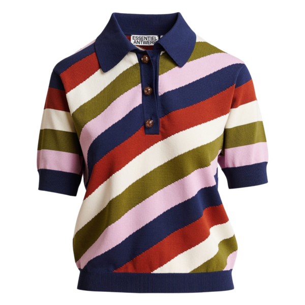 Essentiel Antwerp Navy And Multicolor Striped Knit Polo With Constrasting Buttons - Essentiel Antwerp Tops - Colorful Belgian Design - Shop at Coveti