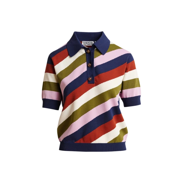 Essentiel Antwerp Navy And Multicolor Striped Knit Polo With Constrasting Buttons - Essentiel Antwerp Tops - Colorful Belgian Design - Shop at Coveti