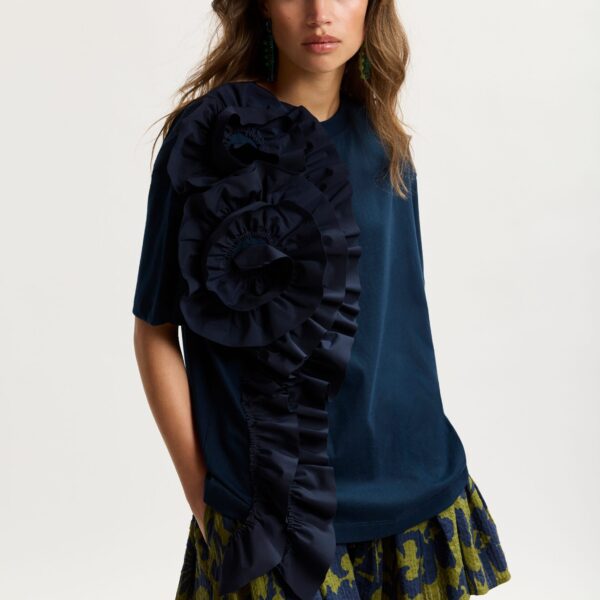 Essentiel Antwerp Navy Cotton T-Shirt With Oversized Floral Ruffle Detail - Essentiel Antwerp Tops - Colorful Belgian Design - Shop at Coveti