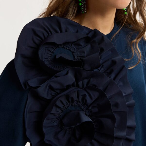 Essentiel Antwerp Navy Cotton T-Shirt With Oversized Floral Ruffle Detail - Essentiel Antwerp Tops - Colorful Belgian Design - Shop at Coveti