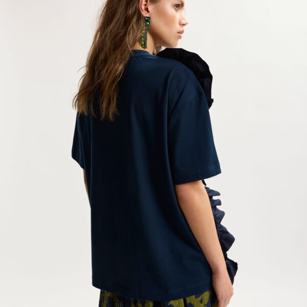 Essentiel Antwerp Navy Cotton T-Shirt With Oversized Floral Ruffle Detail - Essentiel Antwerp Tops - Colorful Belgian Design - Shop at Coveti