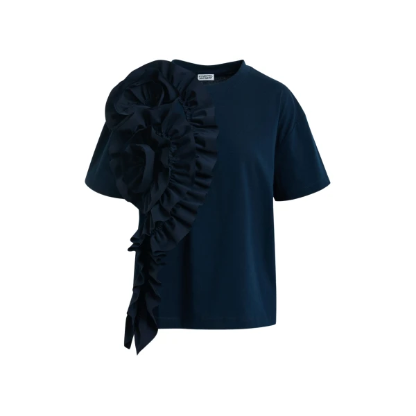 Essentiel Antwerp Navy Cotton T-Shirt With Oversized Floral Ruffle Detail - Essentiel Antwerp Tops - Colorful Belgian Design - Shop at Coveti