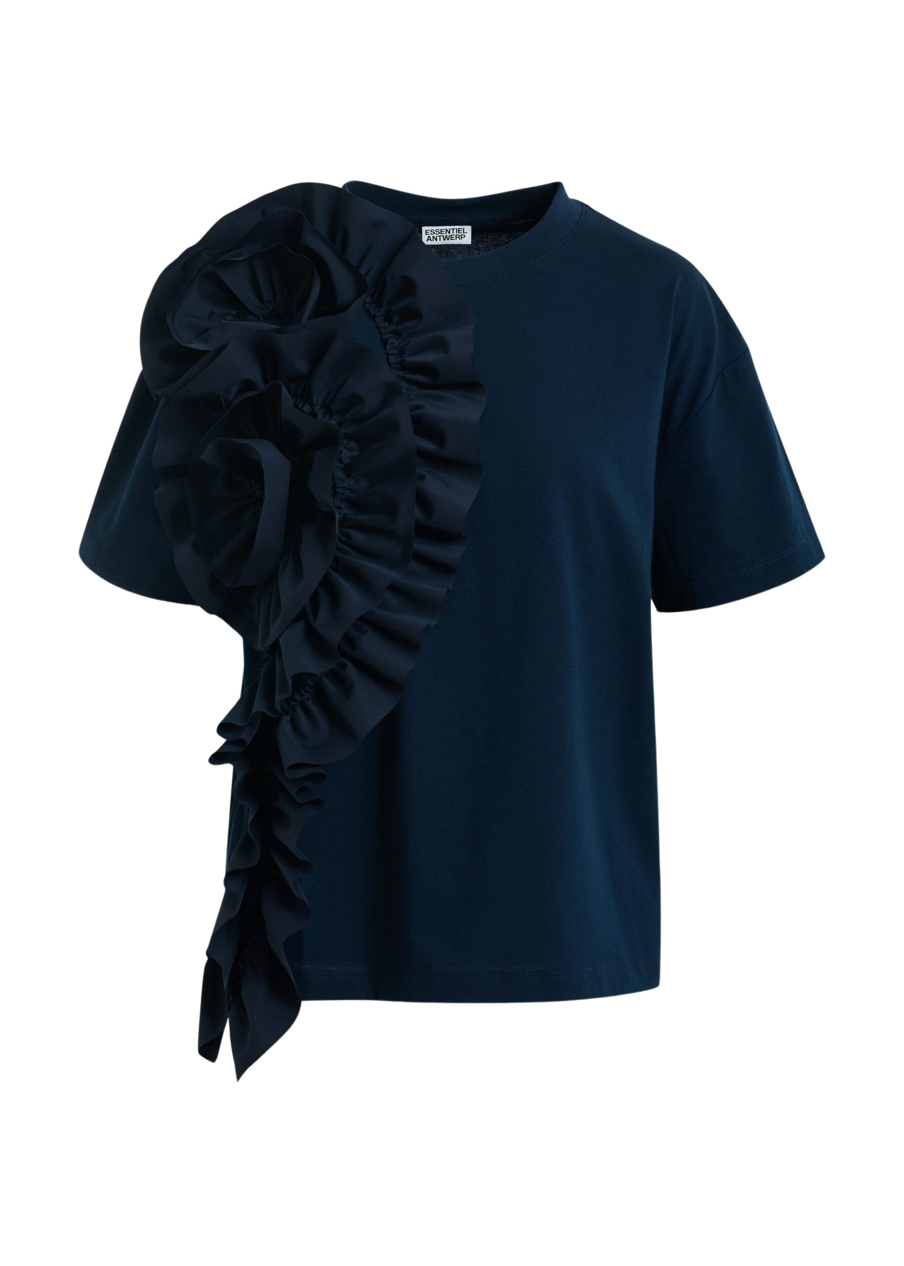 Essentiel Antwerp Navy Cotton T-Shirt With Oversized Floral Ruffle Detail - Essentiel Antwerp Tops - Colorful Belgian Design - Shop at Coveti