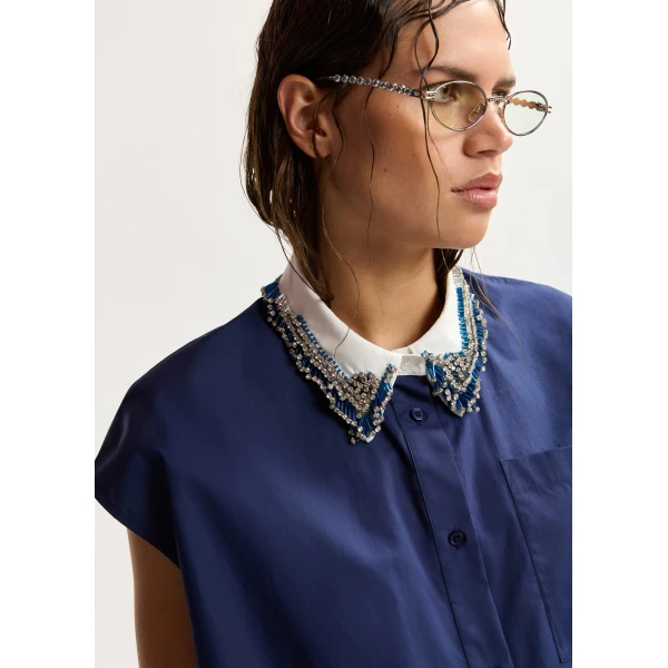 Essentiel Antwerp Navy Sleeveless Cotton Shirt With Embellished Collar, view 2