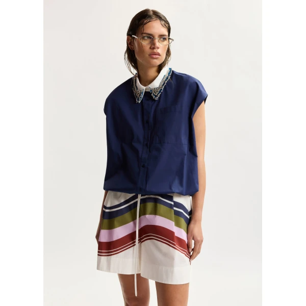 Essentiel Antwerp Navy Sleeveless Cotton Shirt With Embellished Collar, view 4