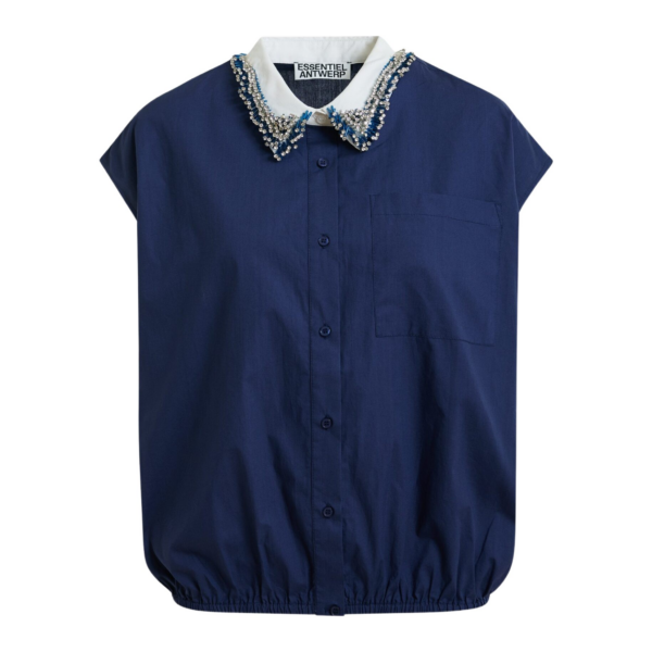 Essentiel Antwerp Navy Sleeveless Cotton Shirt With Embellished Collar - Essentiel Antwerp Tops - Colorful Belgian Design - Shop at Coveti