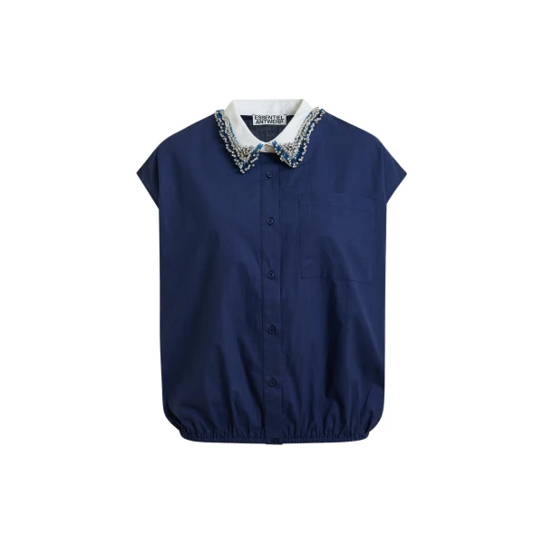 Essentiel Antwerp Navy Sleeveless Cotton Shirt With Embellished Collar - Essentiel Antwerp Tops - Colorful Belgian Design - Shop at Coveti