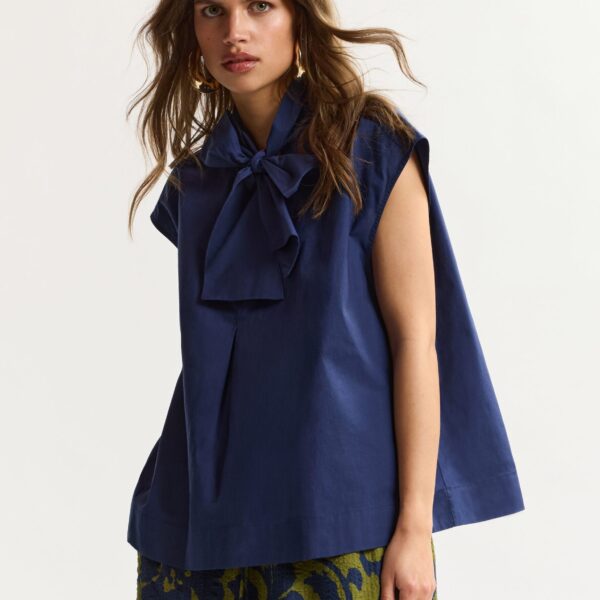 Essentiel Antwerp Navy Sleeveless Top With Tie Neckline - Essentiel Antwerp Tops - Colorful Belgian Design - Shop at Coveti