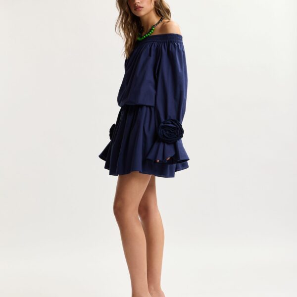 Essentiel Antwerp Navy Strapless Cotton Mini Dress With Rosette Details - Essentiel Antwerp Dresses - Colorful Belgian Design - Shop at Coveti