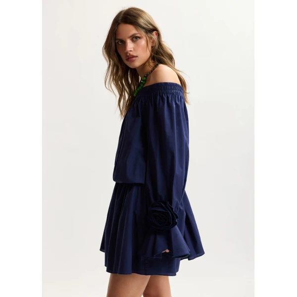 Essentiel Antwerp Navy Strapless Cotton Mini Dress With Rosette Details, view 3