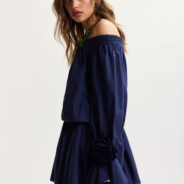 Essentiel Antwerp Navy Strapless Cotton Mini Dress With Rosette Details - Essentiel Antwerp Dresses - Colorful Belgian Design - Shop at Coveti