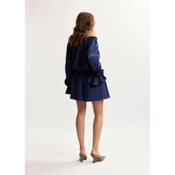 Essentiel Antwerp Navy Strapless Cotton Mini Dress With Rosette Details, view 4