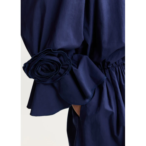 Essentiel Antwerp Navy Strapless Cotton Mini Dress With Rosette Details, view 5
