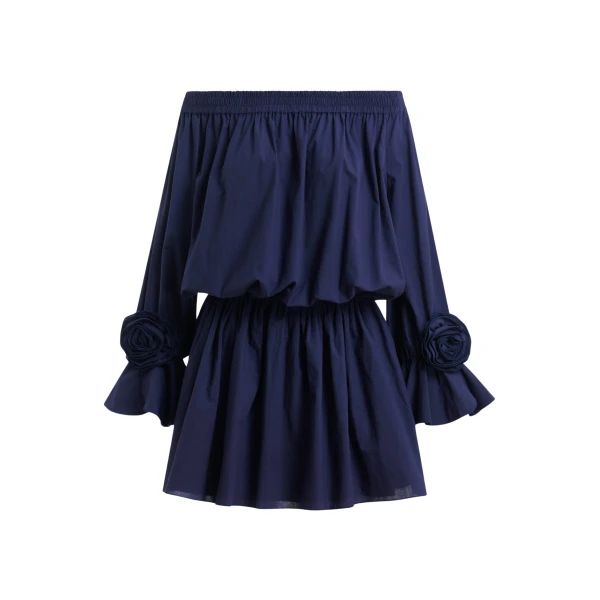 Essentiel Antwerp Navy Strapless Cotton Mini Dress With Rosette Details - Essentiel Antwerp Dresses - Colorful Belgian Design - Shop at Coveti