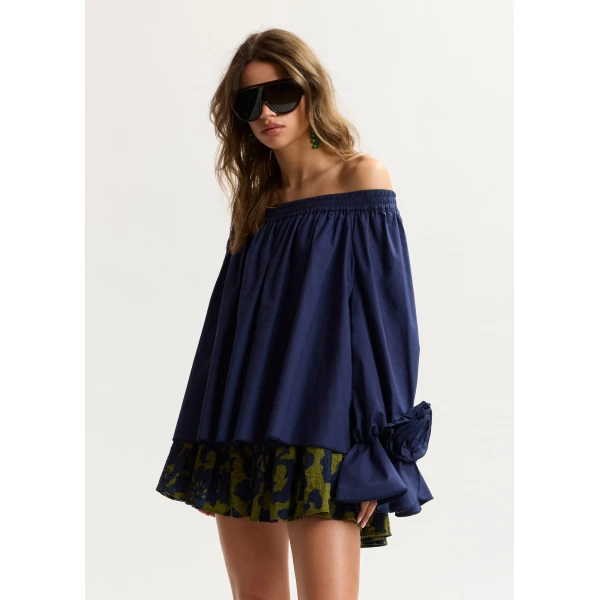 Essentiel Antwerp Navy Strapless Cotton Top With Rosette Details, view 2