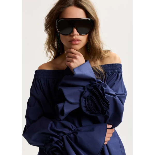 Essentiel Antwerp Navy Strapless Cotton Top With Rosette Details, view 3