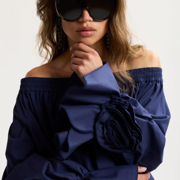 Essentiel Antwerp Navy Strapless Cotton Top With Rosette Details - Essentiel Antwerp Tops - Colorful Belgian Design - Shop at Coveti