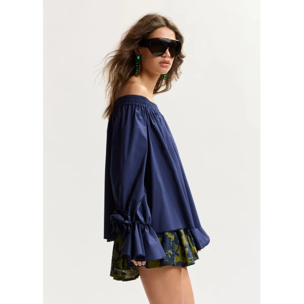 Essentiel Antwerp Navy Strapless Cotton Top With Rosette Details, view 4