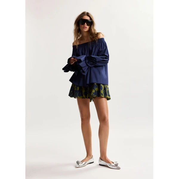 Essentiel Antwerp Navy Strapless Cotton Top With Rosette Details, view 5