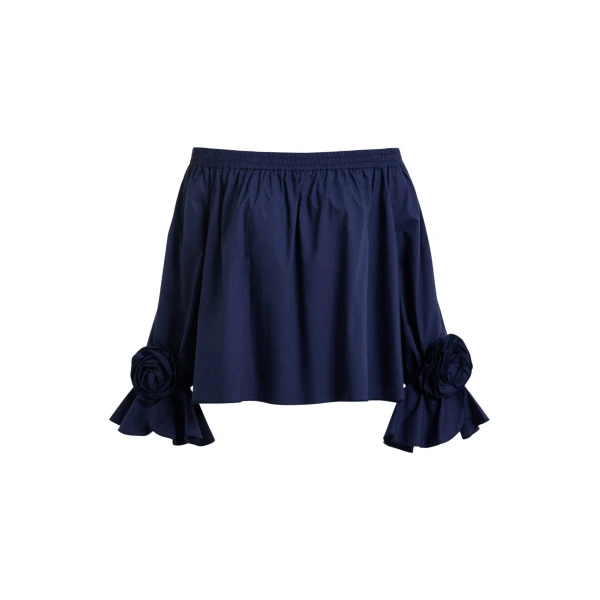 Essentiel Antwerp Navy Strapless Cotton Top With Rosette Details - Essentiel Antwerp Tops - Colorful Belgian Design - Shop at Coveti