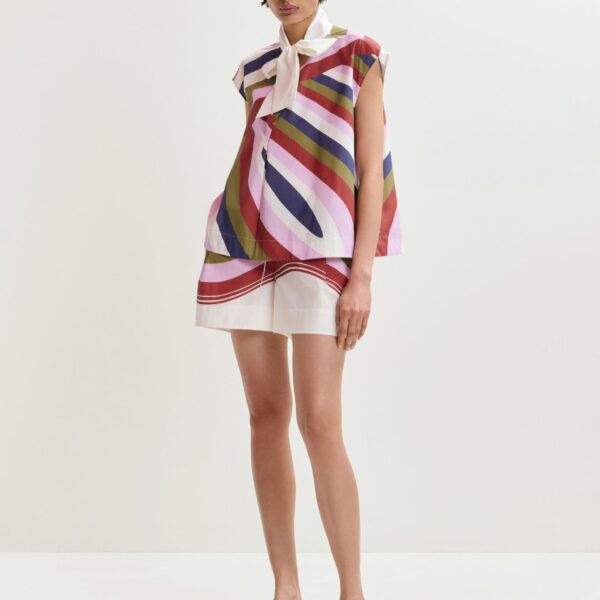 Essentiel Antwerp Off-White And Multicolor Graphic Sleeveless Top With Tie Neckline - Essentiel Antwerp Tops - Colorful Belgian Design - Shop at Coveti
