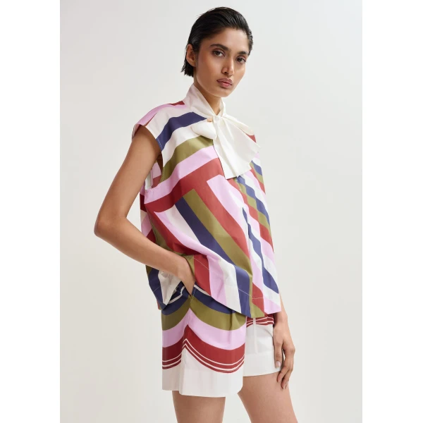 Essentiel Antwerp Off-White And Multicolor Graphic Sleeveless Top With Tie Neckline, view 3