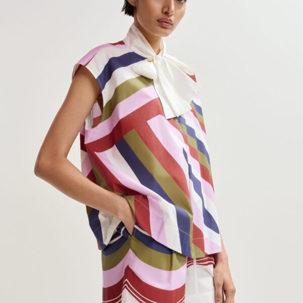 Essentiel Antwerp Off-White And Multicolor Graphic Sleeveless Top With Tie Neckline - Essentiel Antwerp Tops - Colorful Belgian Design - Shop at Coveti