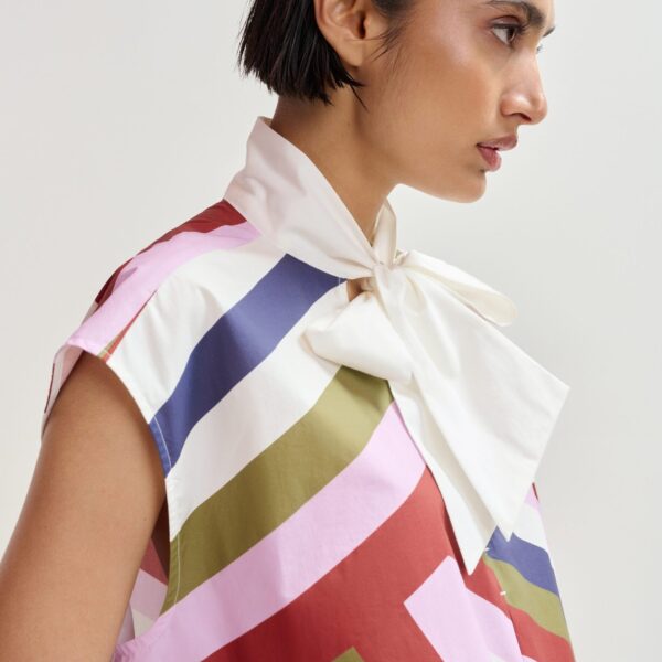 Essentiel Antwerp Off-White And Multicolor Graphic Sleeveless Top With Tie Neckline - Essentiel Antwerp Tops - Colorful Belgian Design - Shop at Coveti