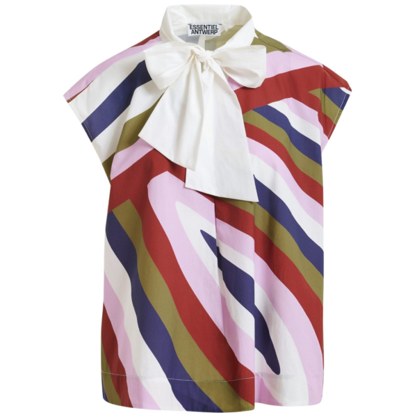 Essentiel Antwerp Off-White And Multicolor Graphic Sleeveless Top With Tie Neckline - Essentiel Antwerp Tops - Colorful Belgian Design - Shop at Coveti
