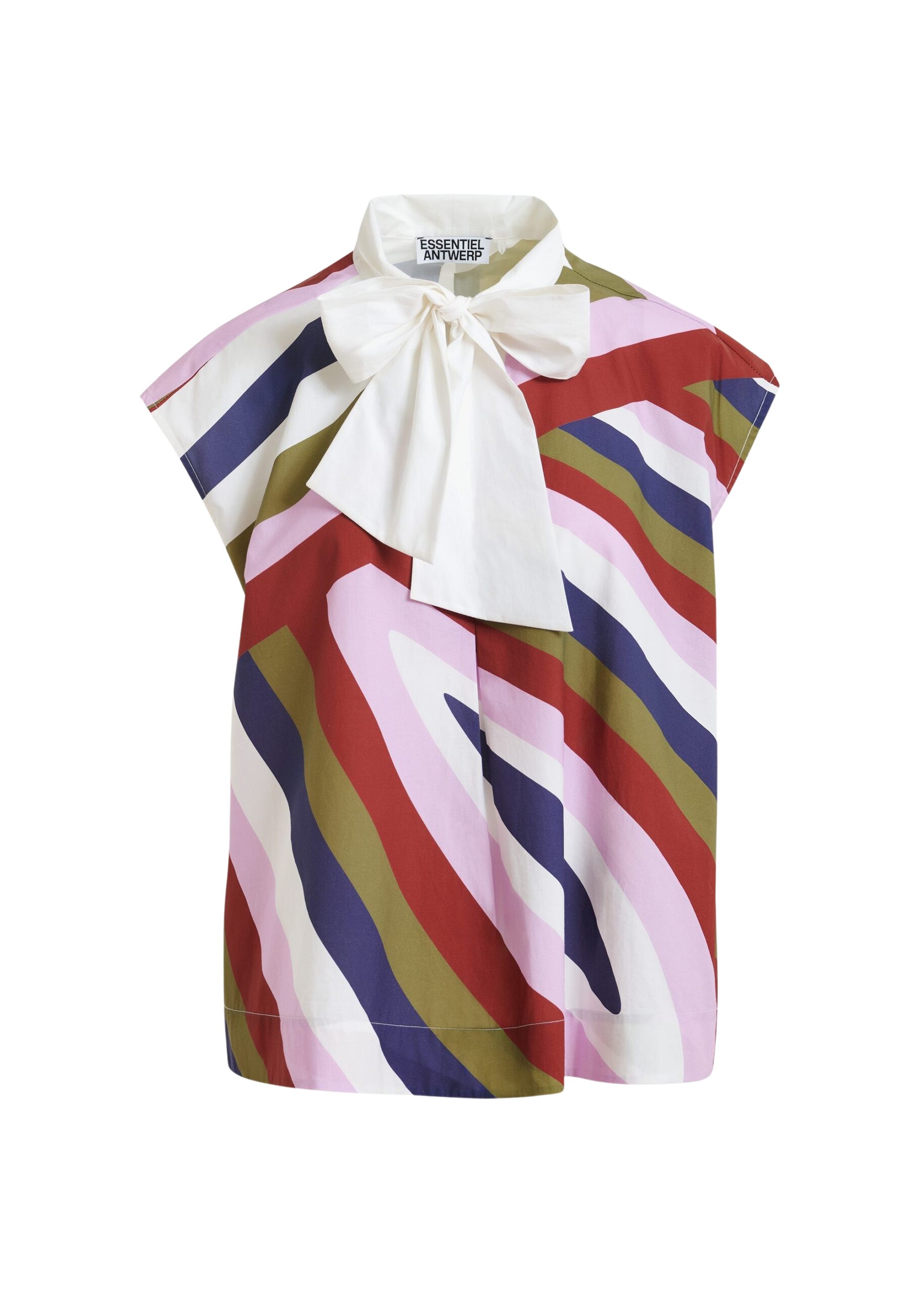 Essentiel Antwerp Off-White And Multicolor Graphic Sleeveless Top With Tie Neckline - Essentiel Antwerp Tops - Colorful Belgian Design - Shop at Coveti