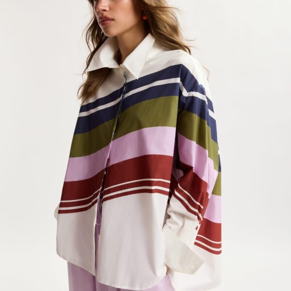 Essentiel Antwerp Off-White And Multicolor Oversized Cotton Shirt With Placed Stripe Print - Essentiel Antwerp Tops - Colorful Belgian Design - Shop at Coveti