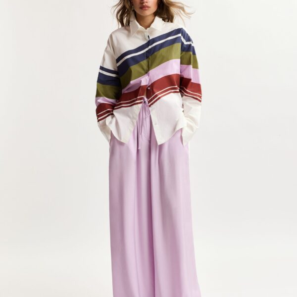 Essentiel Antwerp Off-White And Multicolor Oversized Cotton Shirt With Placed Stripe Print - Essentiel Antwerp Tops - Colorful Belgian Design - Shop at Coveti