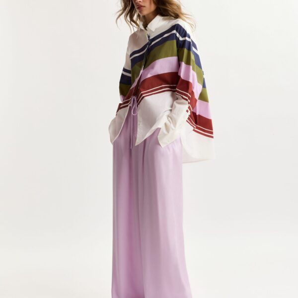 Essentiel Antwerp Off-White And Multicolor Oversized Cotton Shirt With Placed Stripe Print - Essentiel Antwerp Tops - Colorful Belgian Design - Shop at Coveti