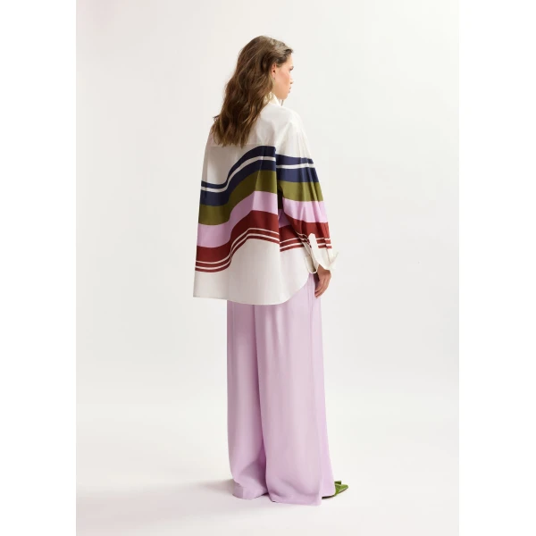 Essentiel Antwerp Off-White And Multicolor Oversized Cotton Shirt With Placed Stripe Print, view 5