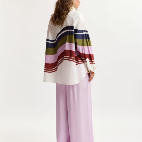 Essentiel Antwerp Off-White And Multicolor Oversized Cotton Shirt With Placed Stripe Print - Essentiel Antwerp Tops - Colorful Belgian Design - Shop at Coveti