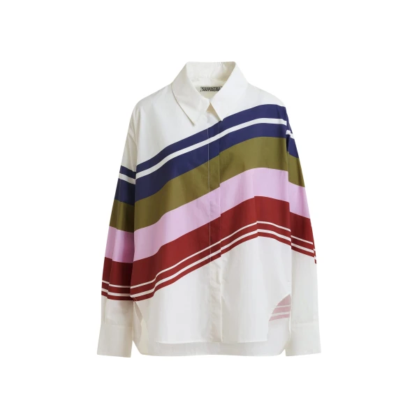 Essentiel Antwerp Off-White And Multicolor Oversized Cotton Shirt With Placed Stripe Print - Essentiel Antwerp Tops - Colorful Belgian Design - Shop at Coveti