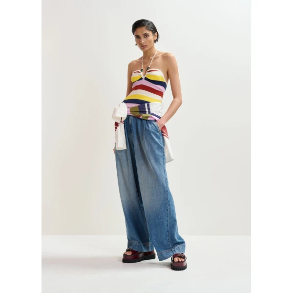Essentiel Antwerp Off-White And Multicolor Striped Halterneck Knit Top, view 5