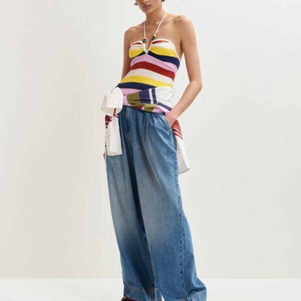 Essentiel Antwerp Off-White And Multicolor Striped Halterneck Knit Top - Essentiel Antwerp Tops - Colorful Belgian Design - Shop at Coveti
