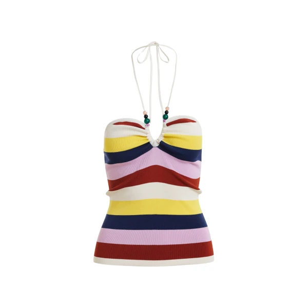Essentiel Antwerp Off-White And Multicolor Striped Halterneck Knit Top - Essentiel Antwerp Tops - Colorful Belgian Design - Shop at Coveti