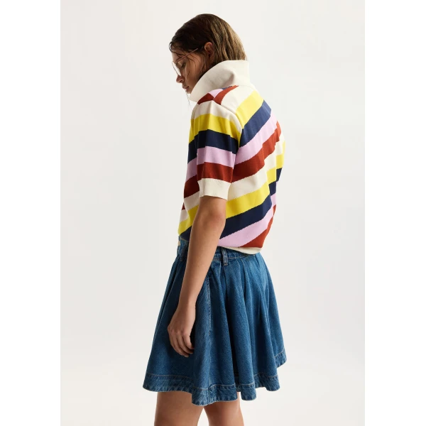 Essentiel Antwerp Off-White And Multicolor Striped Knit Polo With Constrasting Buttons, view 3