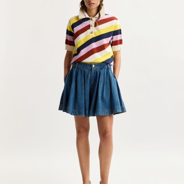Essentiel Antwerp Off-White And Multicolor Striped Knit Polo With Constrasting Buttons - Essentiel Antwerp Tops - Colorful Belgian Design - Shop at Coveti