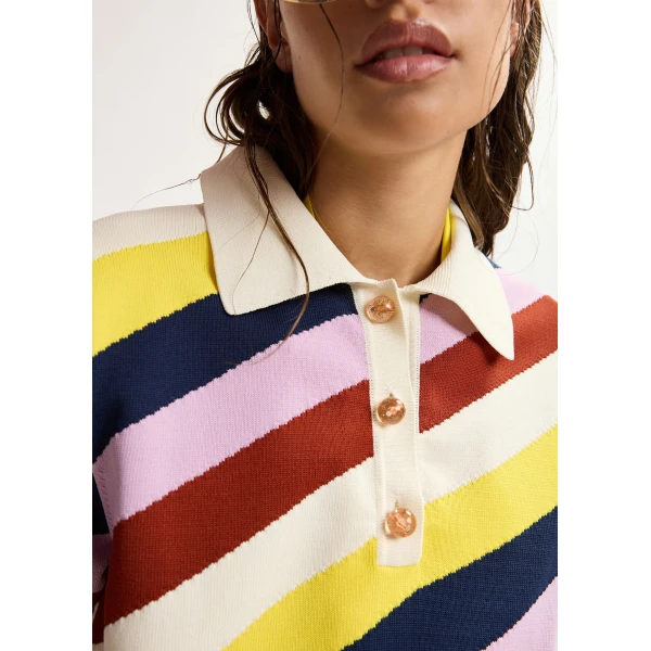 Essentiel Antwerp Off-White And Multicolor Striped Knit Polo With Constrasting Buttons, view 5